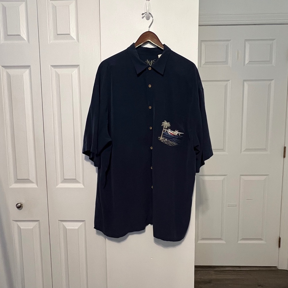 Bamboo Cay Mens XXL Blue Seaplane Embroidered Modal Blend Camp Resort Shirt